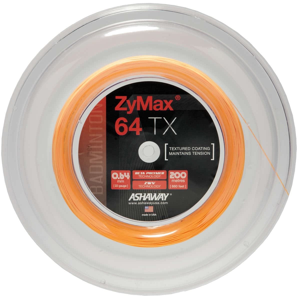 Ashaway presents the Zymax 64 TX Badminton String in orange, a 200-meter reel with a thickness of 0.64 mm. Crafted with BETA polymer fibers and enhanced by ZyWeave string technology, this string includes a textured coating for maintaining tension and optimizing performance.