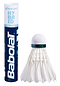 A set of 12 Babolat Hybrid Badminton Feather Shuttles, with one shuttlecock standing upright beside the tube. The blue and white packaging prominently features the Babolat brand name. Renowned for their excellent flight performance and durability, each shuttlecock has a white feather skirt and a rounded head.