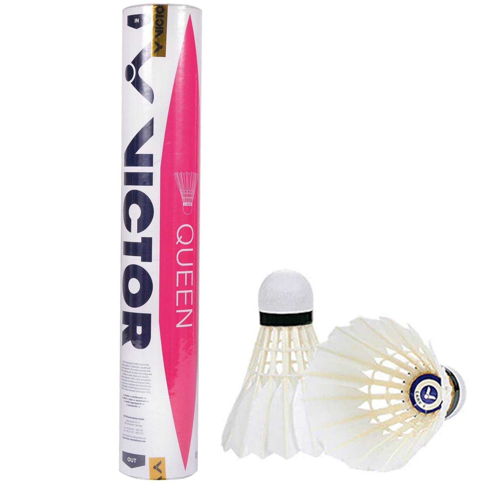 A durable, white and pink tube of "VICTOR Queen Feather Shuttles" by Victor stands upright beside two duck feather shuttlecocks, one positioned on its side and the other upright. These shuttlecocks feature a cork base to enhance flight stability.
