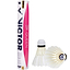 A durable, white and pink tube of "VICTOR Queen Feather Shuttles" by Victor stands upright beside two duck feather shuttlecocks, one positioned on its side and the other upright. These shuttlecocks feature a cork base to enhance flight stability.
