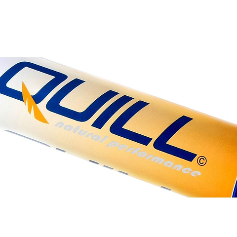 Close-up of a cylindrical yellow package labeled “QUILL natural performance” containing six Ashaway Quill Vantage Yellow Shuttles / Shuttlecocks.