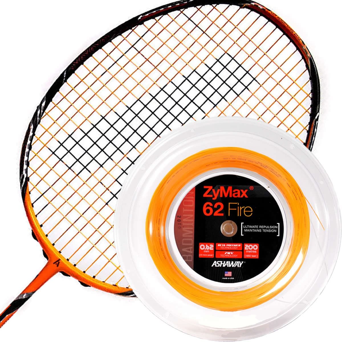 An orange and black badminton racket rests beside a spool of Ashaway Zymax 62 Fire Badminton String, which is perfect for professional players seeking maximum repulsion. The vibrant orange string is highlighted within its transparent packaging, featuring a striking black and red label from the Ashaway brand.