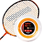 An orange and black badminton racket rests beside a spool of Ashaway Zymax 62 Fire Badminton String, which is perfect for professional players seeking maximum repulsion. The vibrant orange string is highlighted within its transparent packaging, featuring a striking black and red label from the Ashaway brand.