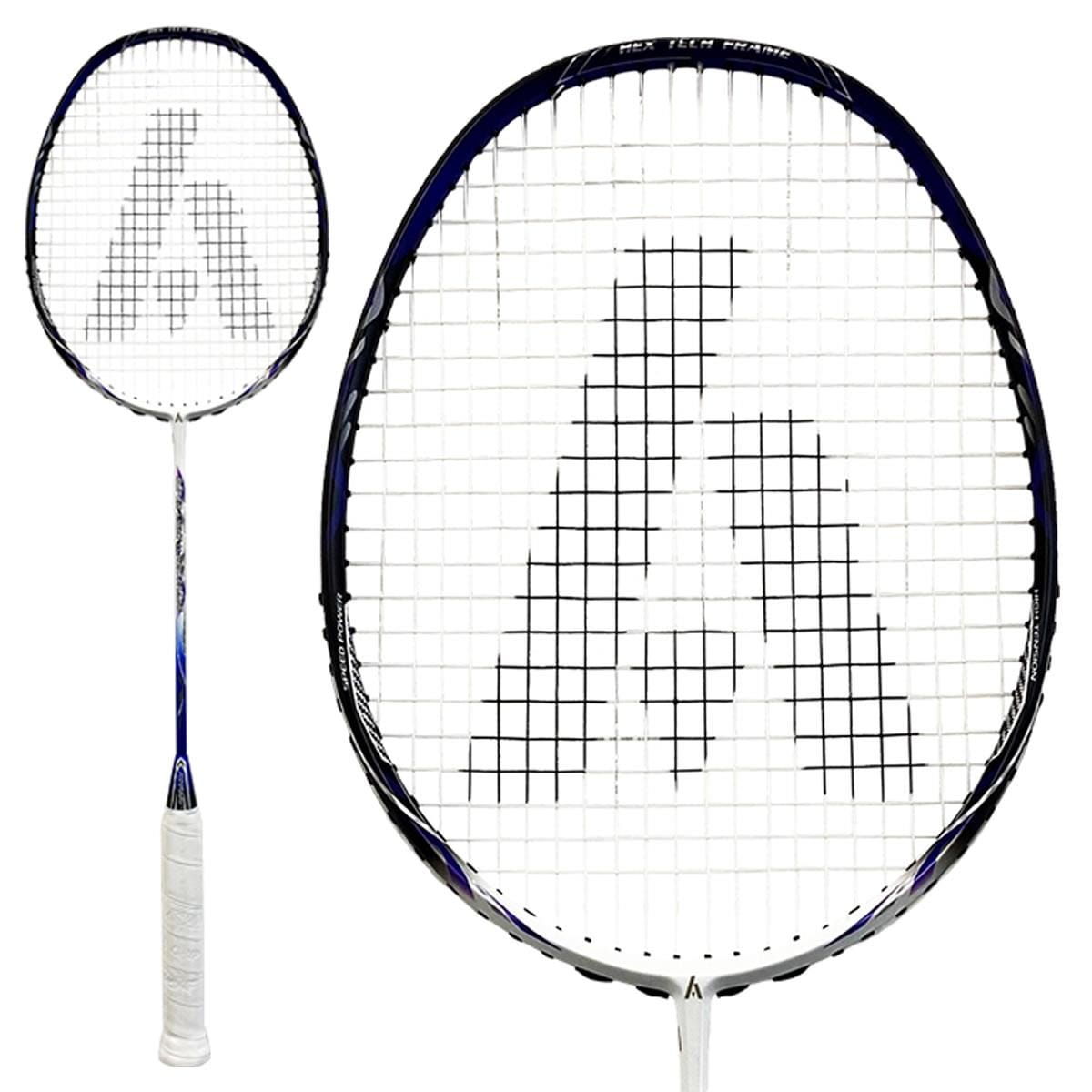 The Ashaway Superlight 11 Hex Badminton Racket - White Blue highlights its aerodynamic design with a white grip and dark blue details. Featuring close-up shots of the racket head and a full view of the entire superlight model, the strings proudly display a logo that resembles an angular letter "A.