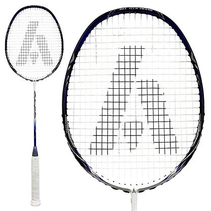 The Ashaway Superlight 11 Hex Badminton Racket - White Blue highlights its aerodynamic design with a white grip and dark blue details. Featuring close-up shots of the racket head and a full view of the entire superlight model, the strings proudly display a logo that resembles an angular letter "A.