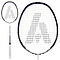 The Ashaway Superlight 11 Hex Badminton Racket - White Blue highlights its aerodynamic design with a white grip and dark blue details. Featuring close-up shots of the racket head and a full view of the entire superlight model, the strings proudly display a logo that resembles an angular letter "A.