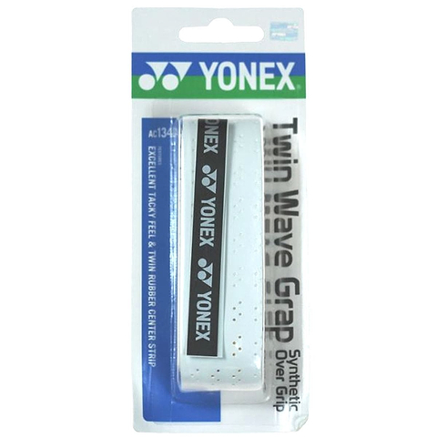 The Yonex AC139EX Twin Wave Grap Badminton Overgrip boasts a stylish white appearance with black print. It is tastefully packaged in a clear plastic case, showcasing the Yonex logo and detailed feature text prominently.