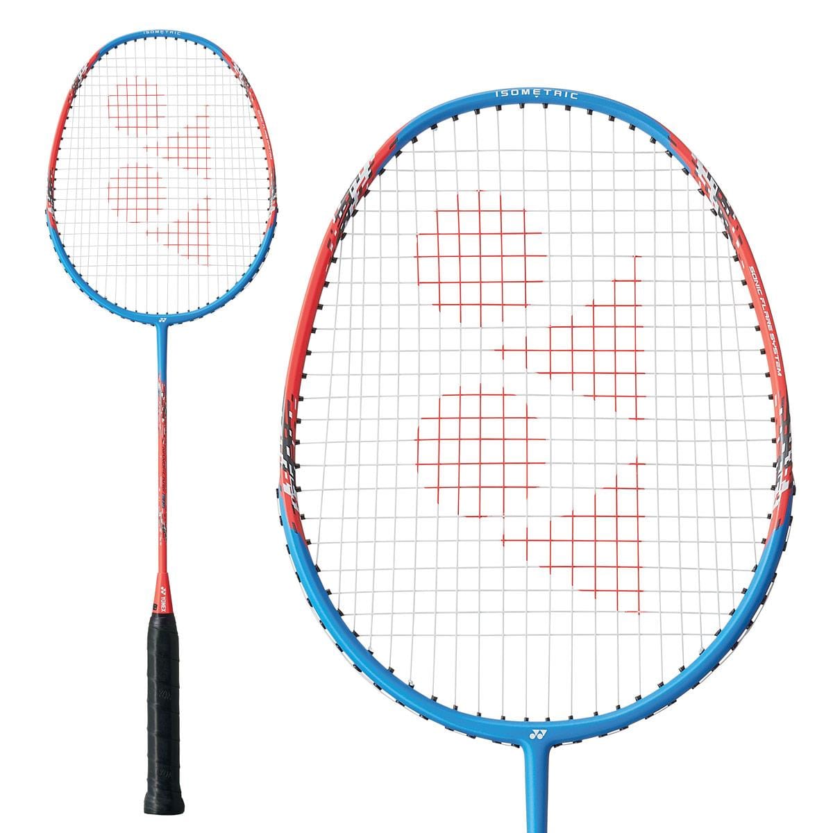 A Yonex Nanoflare E13 badminton racket in blue and red, featuring a black grip. The strings display a logo pattern, and its isometric head shape boosts your gameplay. The Yonex brand name is partially visible on the shaft.