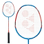 A Yonex Nanoflare E13 badminton racket in blue and red, featuring a black grip. The strings display a logo pattern, and its isometric head shape boosts your gameplay. The Yonex brand name is partially visible on the shaft.