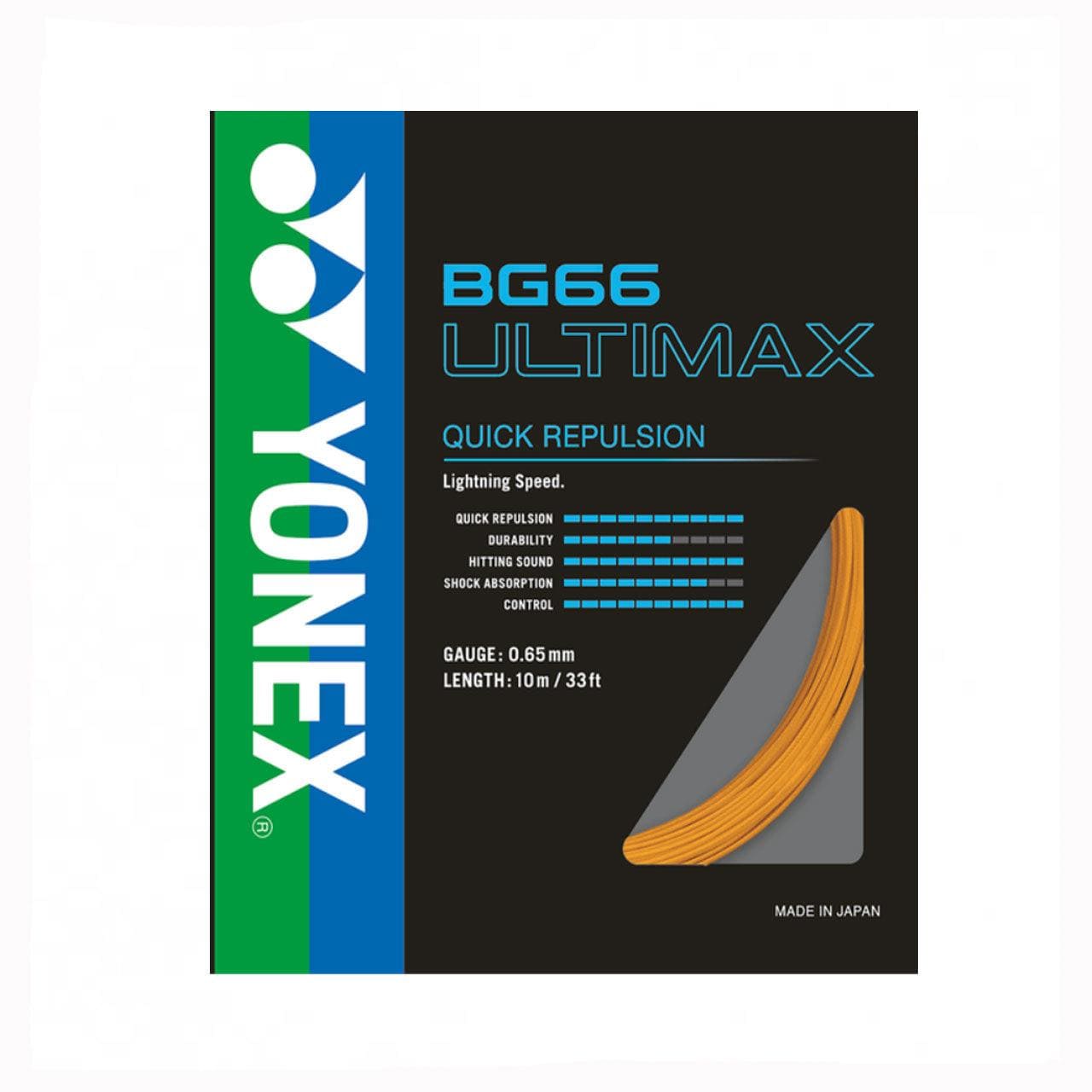 A sleek black box is adorned with blue and green text, revealing the Yonex BG 66 Ultimax Badminton String in orange inside, renowned for its high-intensity multifilament construction that guarantees maximum speed.
