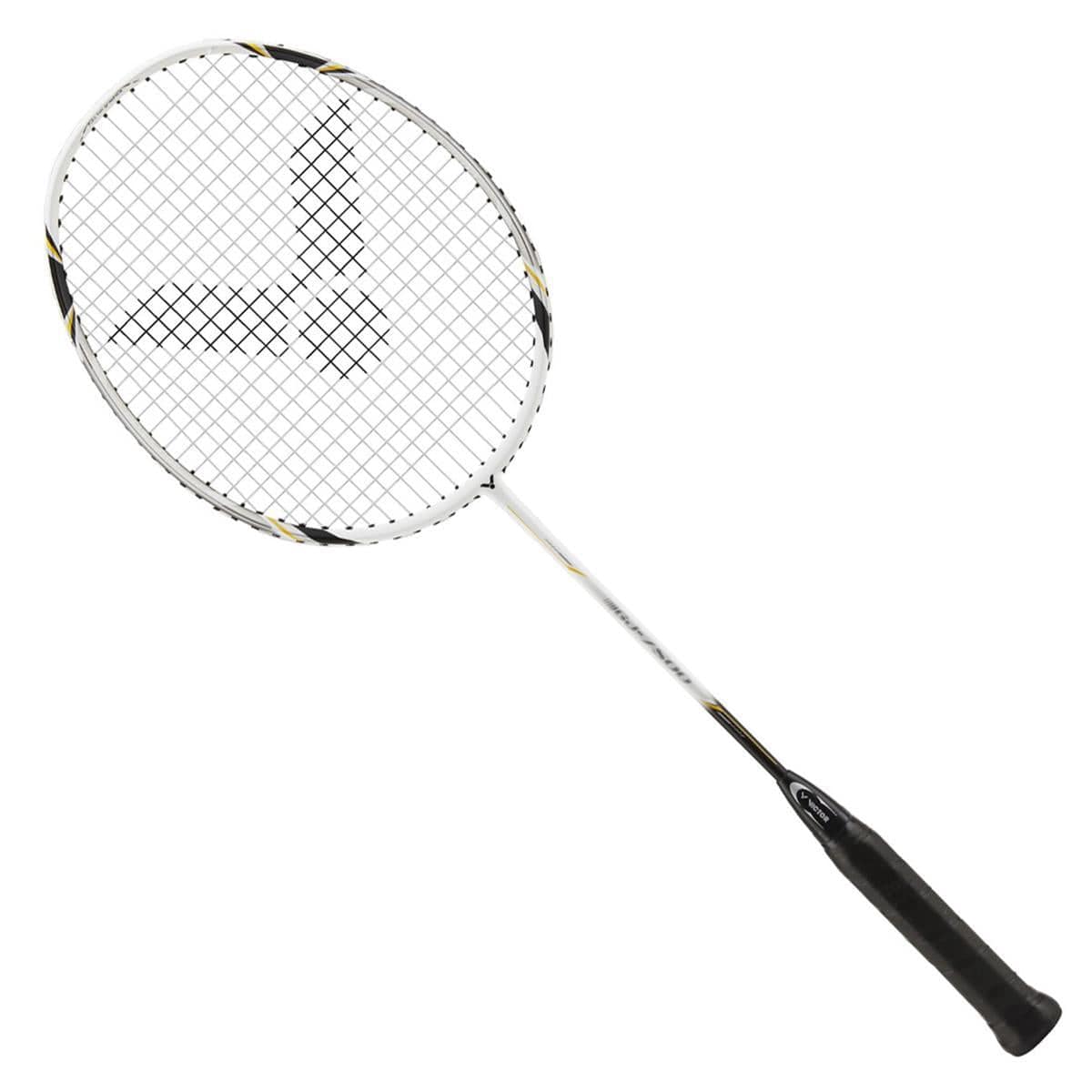The Victor GJ-7500 Junior Badminton Racket offers a sleek and lightweight design, showcasing a white carbon frame adorned with subtle black and yellow accents, along with a sturdy black handle. Its grid-patterned strings provide precision and control on the court.