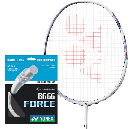 Image of a Yonex badminton racket with red strings, next to a package of Yonex BG 66 Force Badminton String - 0.65mm White 10m Packet. The packaging emphasizes "Repulsion Power" and "Medium Feeling," highlighting the string's thin gauge specifications.