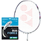 Image of a Yonex badminton racket with red strings, next to a package of Yonex BG 66 Force Badminton String - 0.65mm White 10m Packet. The packaging emphasizes "Repulsion Power" and "Medium Feeling," highlighting the string's thin gauge specifications.