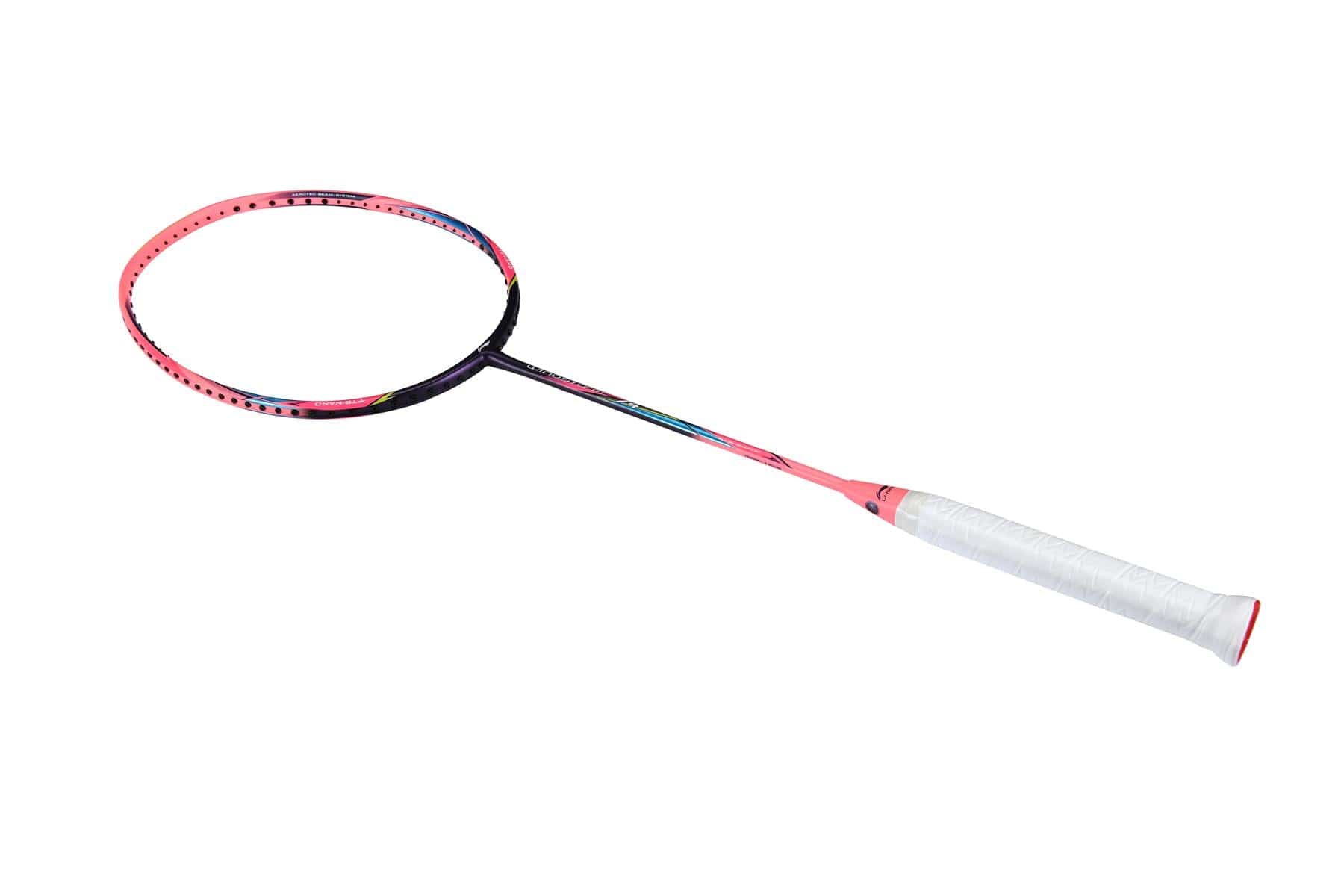 The Li-Ning Windstorm 74 Badminton Racket - Pink, known for its ultralight construction, is displayed against a white background. Its pink and black frame is elegantly strung with colorful strings and features a sleek white grip.