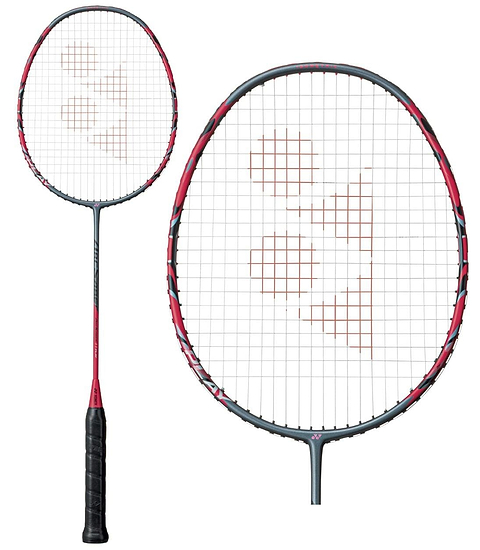 A Yonex Arcsaber 11 Play badminton racket with a greyish pearl finish and a circular string pattern. Its isometric head design enhances precision. The images showcase both a full view and a close-up of the racket's control assist bumper for improved gameplay.