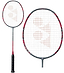 A Yonex Arcsaber 11 Play badminton racket with a greyish pearl finish and a circular string pattern. Its isometric head design enhances precision. The images showcase both a full view and a close-up of the racket's control assist bumper for improved gameplay.