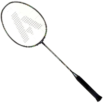 The Ashaway Phantom X-Shadow Badminton Racket - Black Green stands out with its ultra-slim profile, combining a streamlined black and green handle with a white, checkered head. The thin metallic shaft showcases an elegant design in black and silver hues, ideal for players who prioritize precision and style on the court.
