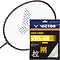 The image shows a top-notch badminton racket alongside a packet of Victor VBS 68 10m Badminton Strings. The racket showcases an elegant black design with a red frame, while the string packet is adorned in vibrant blue, yellow, and black colors accented by white Chinese characters symbolizing speed and control.