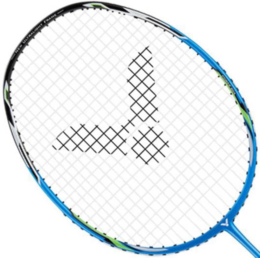 A detailed look at the Victor Thruster Light Fighter 30 F Badminton Racket - Blue by Victor highlights its high modulus graphite construction. The racket features a blue frame with black strings, a central pattern, and green accents for extra style. Renowned as a power racket, it is crafted for vibrant performance on the court.