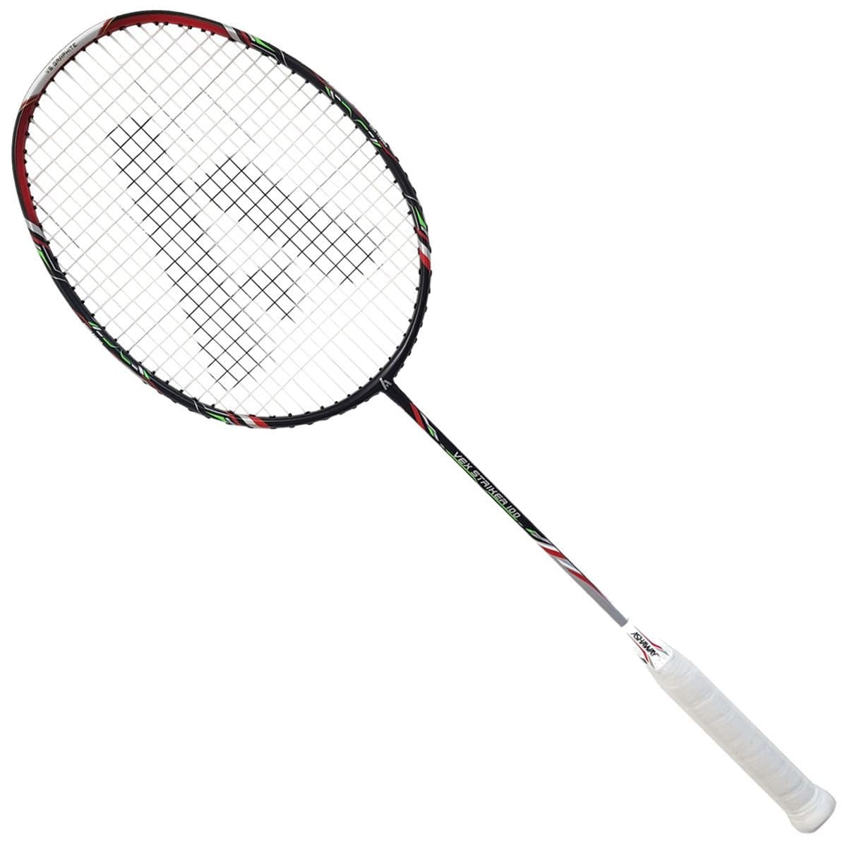 The Ashaway Vex Striker 100 Badminton Racket by Ashaway boasts a frame in striking red, black, and white. Its handle is wrapped with secure white grip tape, while the tightly woven strings utilize Ashaway Zymax 69 Fire White to ensure top performance. The racket's graphite construction adds to its sleek, contemporary design.