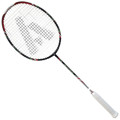 The Ashaway Vex Striker 100 Badminton Racket by Ashaway boasts a frame in striking red, black, and white. Its handle is wrapped with secure white grip tape, while the tightly woven strings utilize Ashaway Zymax 69 Fire White to ensure top performance. The racket's graphite construction adds to its sleek, contemporary design.