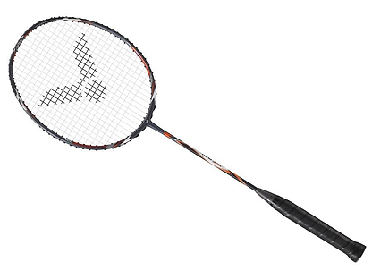 The Victor Auraspeed 100X H badminton racket, by Victor, boasts a sleek grey handle complemented by a striking grey and orange frame. Featuring Sonic-Rebound Technology, the strings create a grid pattern that highlights a central black logo. Set diagonally against a white background, it offers an ideal fusion of style and performance.