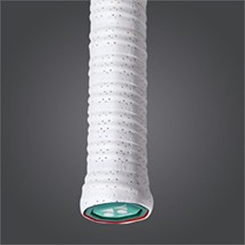 Close-up of the Yonex AC139EX Twin Wave Grap Badminton Overgrip, highlighting its white textured surface against a dark background. The overgrip displays a green inner edge accented by a striking red outline at the end, making it an ideal addition to enhance your sports gear with both style and functionality.