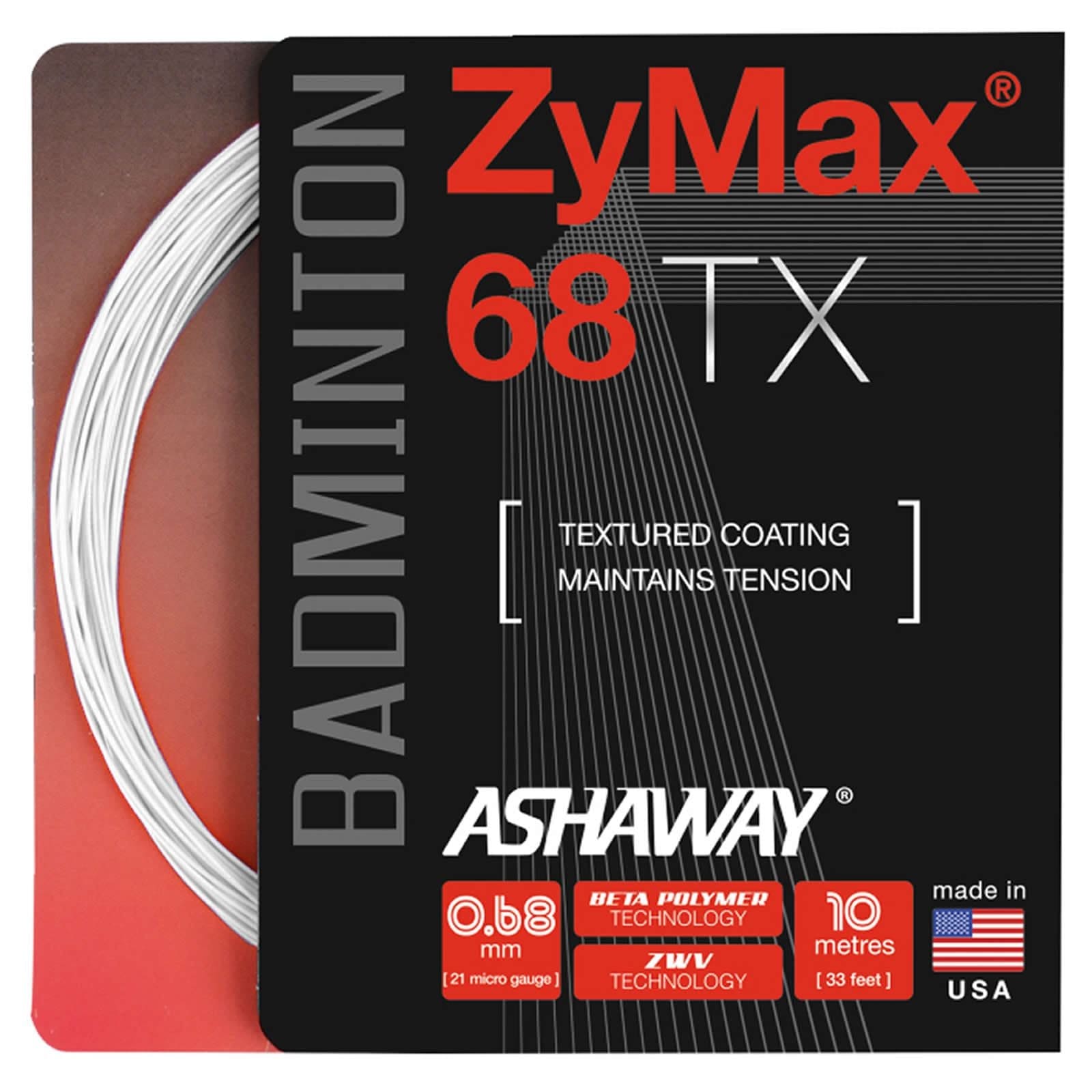 The packaging for Ashaway Zymax 68 TX badminton string emphasizes its ZyWeave string technology, highlighting features such as a textured coating and tension maintenance, with a thickness of 0.68mm and a length of 10 meters. Made in the USA, it is primarily black with red and white text.