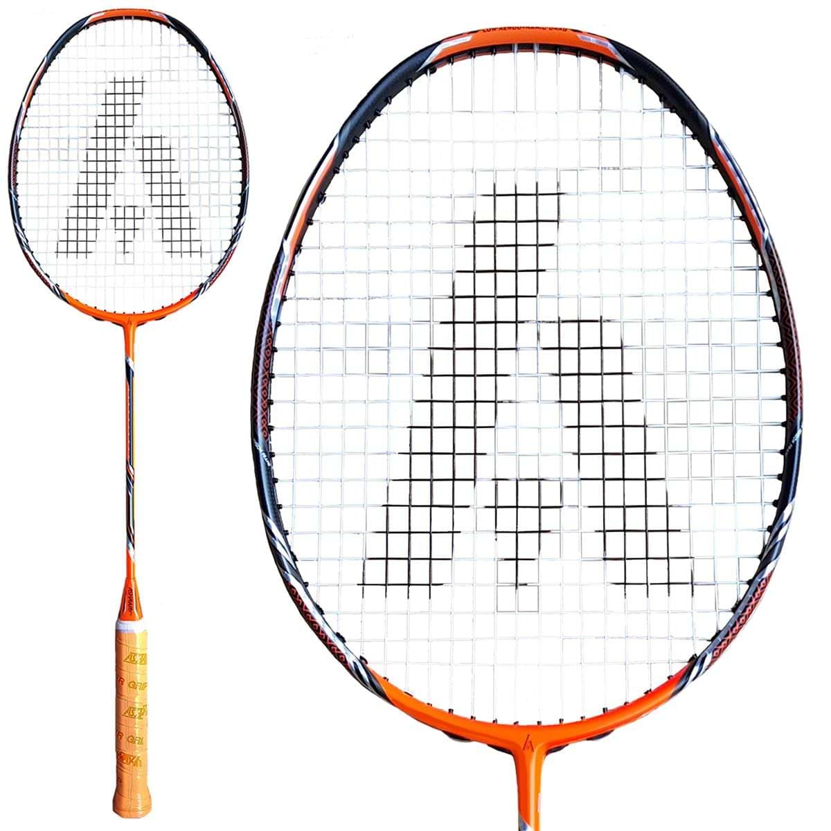 The Ashaway Phantom X Fire II Badminton Racket in Orange Black is an orange racket boasting a design on its strings that resembles the letter "A," integrated with the Phantom Airflow System. It features a perfect circular frame and strings, complemented by light brown grip tape on the handle.