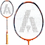 The Ashaway Phantom X Fire II Badminton Racket in Orange Black is an orange racket boasting a design on its strings that resembles the letter "A," integrated with the Phantom Airflow System. It features a perfect circular frame and strings, complemented by light brown grip tape on the handle.