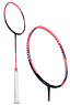 A close-up of the Li-Ning Windstorm 74 Badminton Racket in pink showcases its black frame with vivid accents. The ultralight design includes a grip wrapped in white tape, although the strings remain out of view. The image presents the racket from two different angles set against a white background.