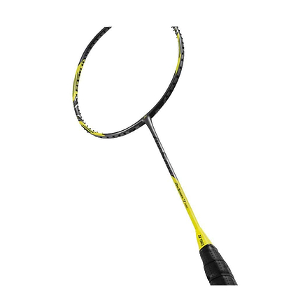 Close-up of a Yonex Arcsaber 7 Pro badminton racket against a white background. The Yonex racket features a striking grey and yellow design with a black grip handle, ideal for the all-round player.