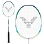 Two perspectives of the Victor Auraspeed Lightfighter 80A badminton racket by Victor, featuring a white frame with strings and prominently displaying a bold black logo at its center. The handle is black, complemented by green and blue accents on the frame. Designed for power and precision, this head-heavy balanced racket is crafted to enhance your game.