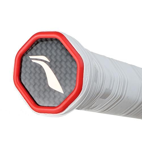 Close-up of the Li-Ning AxForce 80 5U Badminton Racket - Black handle with a red, carbon fiber-textured octagonal cap and white logo, showcasing advanced Li-Ning technology.