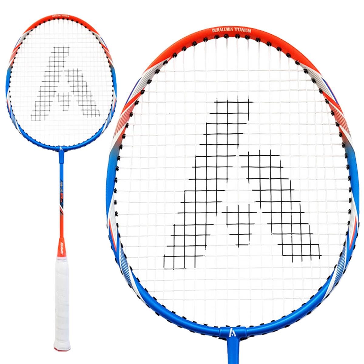The Ashaway AM303 Junior Badminton Racket, available in a blue and orange design, is specifically crafted for young beginners and features a sleek aesthetic adorned with the Ashaway logo.