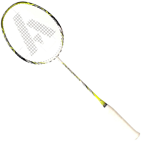 Introducing the Ashaway Superlight 10 Hex badminton racket, showcasing a stylish white and green design. Enhanced by its advanced Hex technology for superior aerodynamics, this racket features a black and white grip handle, tightly woven strings, and an aerodynamic frame set against a simple white background.