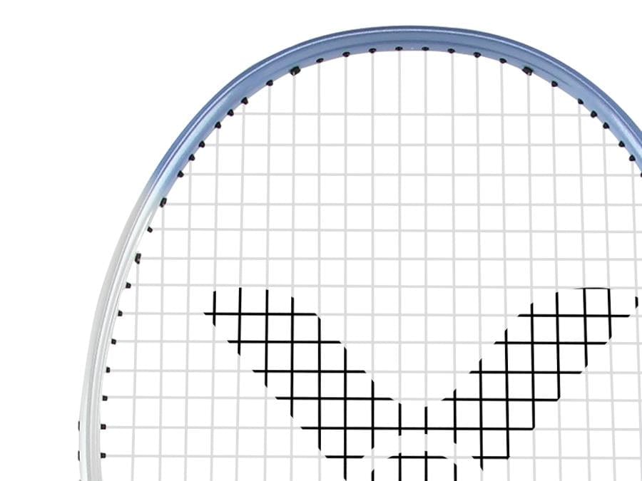 Close-up of the Victor Auraspeed 9A Badminton Racket's head, tailored for beginner and intermediate players, featuring strings in a geometric pattern. The circular frame is adorned with a striking metallic blue and white gradient, making it an ideal choice for those seeking an all-round racket.