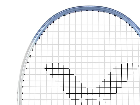 Close-up of the Victor Auraspeed 9A Badminton Racket's head, tailored for beginner and intermediate players, featuring strings in a geometric pattern. The circular frame is adorned with a striking metallic blue and white gradient, making it an ideal choice for those seeking an all-round racket.