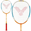 The Victor Training Junior Badminton Racket - Orange Blue by Victor is displayed from two angles, highlighting its orange frame with a black handle and blue accents. The Lawntex strings form a red logo on the drop-shaped head, designed to enhance performance.