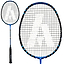 A close-up of the Ashaway NanoQube SLe Badminton Racket in blue reveals a sleek and modern design featuring a white "A" logo on the strings. The grip is dark with small white text, and its intricate string pattern showcases advanced Qubatech technology for enhanced performance.