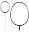 The Li-Ning Aeronaut 9000 Instinct Badminton Racket is highlighted in a multicolored design, predominantly black with striking purple and gold accents, complemented by a white handle. The image displays the complete racket alongside a detailed view of its Dynamic-Optimum Frame.