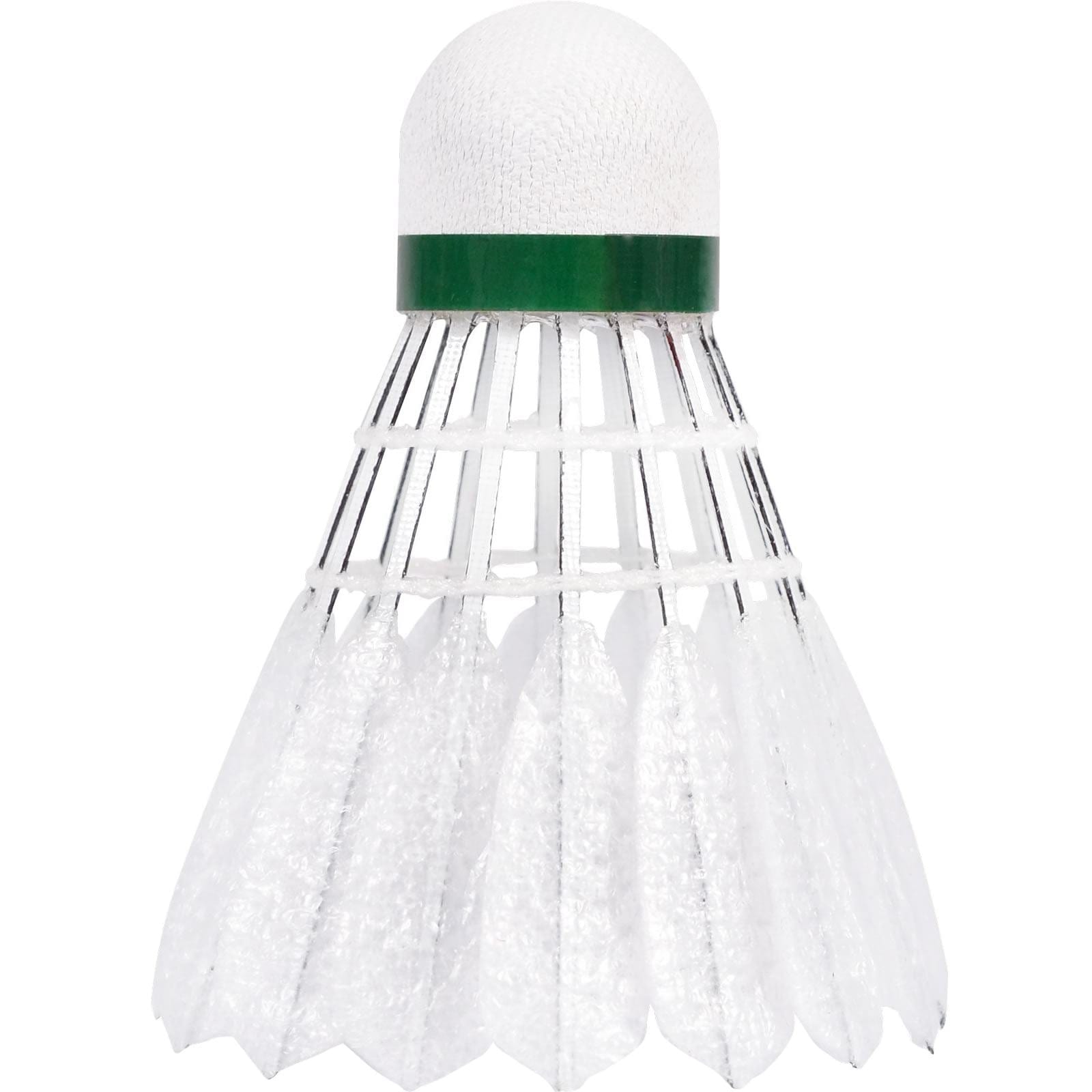 A close-up of a VICTOR Carbonsonic CS No. 2 hybrid badminton shuttlecock reveals its white, rounded tip and feathered skirt held by a green band. Infused with carbon fibers, this cone-shaped design offers aerodynamic stability during play.