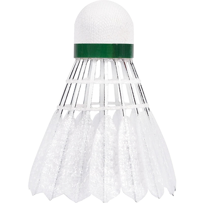 A close-up of a VICTOR Carbonsonic CS No. 2 hybrid badminton shuttlecock reveals its white, rounded tip and feathered skirt held by a green band. Infused with carbon fibers, this cone-shaped design offers aerodynamic stability during play.