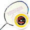 A badminton racket with a unique yellow and red stringing pattern is placed next to a reel of Ashaway Zymax 68 TX Badminton String in yellow. This 0.68mm, 200m spool features advanced ZyWeave string technology, with the packaging emphasizing its detailed specifications and the incorporation of BETA polymer fibers.