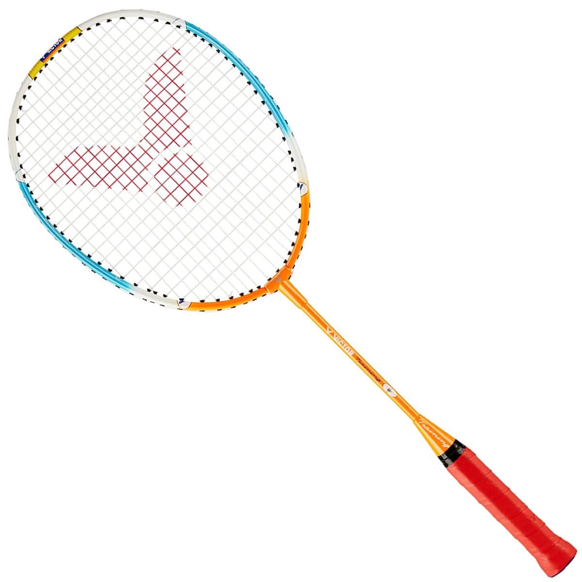 Experience the Victor Training Junior Badminton Racket, highlighting a striking orange shaft and a bold red grip. This short-shafted racket features a distinctive drop-shaped head strung with robust lawntex strings that display an elegant red logo pattern. The frame is finished in sleek white, enhanced with blue and yellow accents, making for an eye-catching presence on the court.