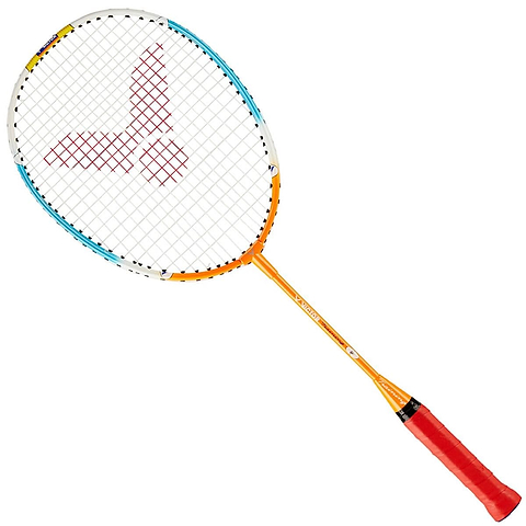 Experience the Victor Training Junior Badminton Racket, highlighting a striking orange shaft and a bold red grip. This short-shafted racket features a distinctive drop-shaped head strung with robust lawntex strings that display an elegant red logo pattern. The frame is finished in sleek white, enhanced with blue and yellow accents, making for an eye-catching presence on the court.