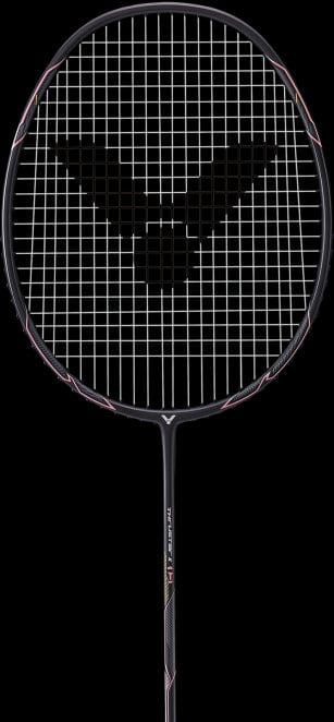 The Victor Thruster K1 H badminton racket from Victor features a stylish black and pink design with dark, grid-patterned strings and a prominent logo at the center. The handle provides a textured grip enhanced by subtle red accents, incorporating Powerbox technology to deliver precision and power in every swing.