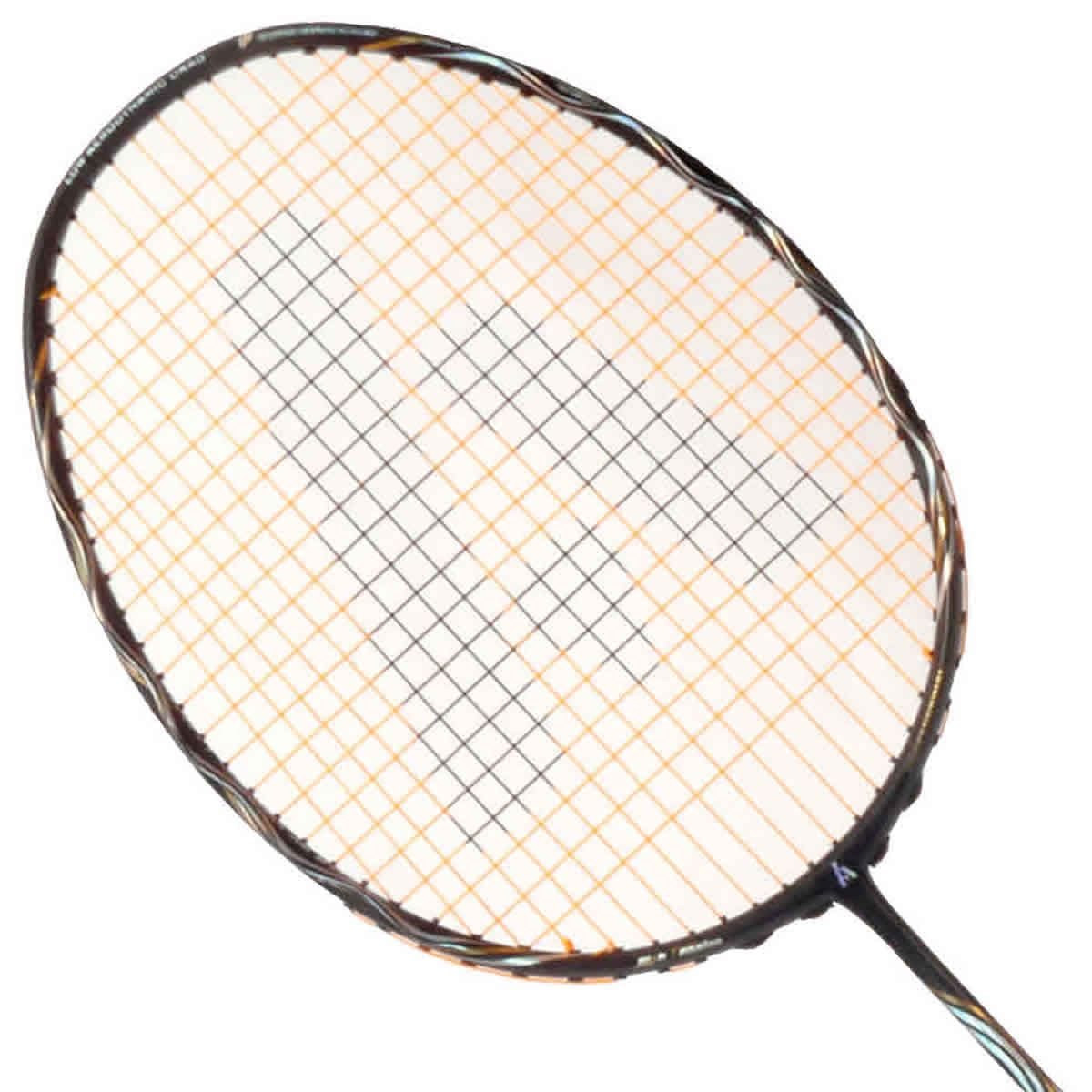 The Ashaway Phantom Helix Badminton Racket - Black Gold boasts a sleek black frame accented with an orange string pattern, showcasing the cutting-edge Phantom Airflow System. Set against a simple white backdrop, it features the advanced Ashaway Zymax Fire 69 strings for superior performance enhancement.