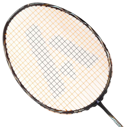 The Ashaway Phantom Helix Badminton Racket - Black Gold boasts a sleek black frame accented with an orange string pattern, showcasing the cutting-edge Phantom Airflow System. Set against a simple white backdrop, it features the advanced Ashaway Zymax Fire 69 strings for superior performance enhancement.