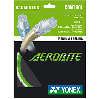 The Yonex AeroBite Badminton String White Green - 0.67/0.61mm 10m Packet highlights its hybrid stringing design on the packaging, featuring specifications of 0.67mm/22GA for the main white strings and 0.61mm/22GA for the cross black strings, providing high rotating spin. The product is labeled as offering "Control" and a "Medium Feeling," aimed at enhancing your performance during games.